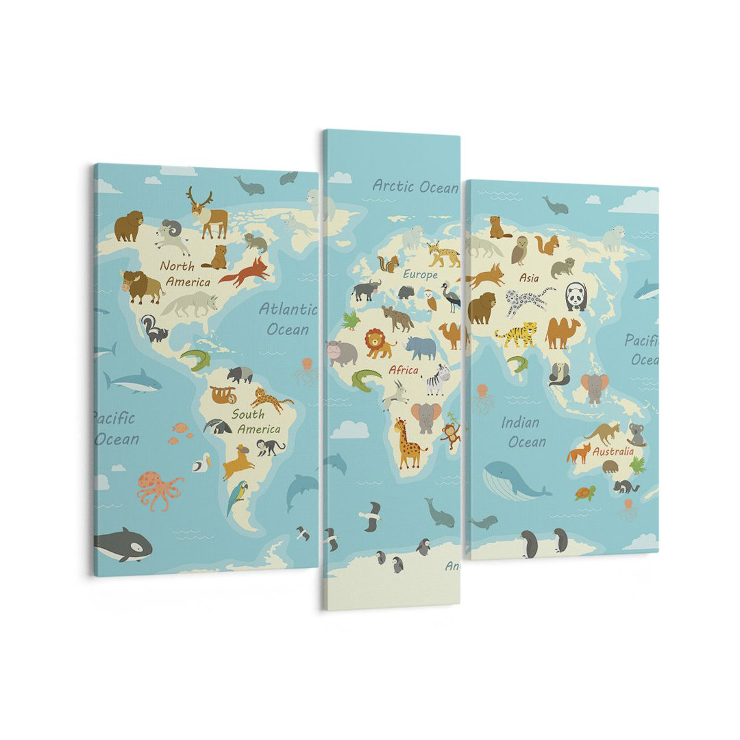 3-tlg. Leinwandbilder-Set Animals the World Map