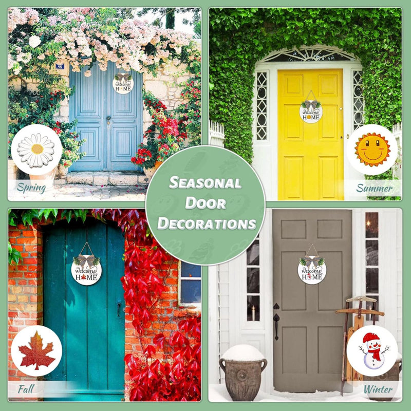 Signe de bienvenue interchangeable pour la porte d'entrée - Couronnes de bienvenue en bois massif avec 16 décorations de Noël