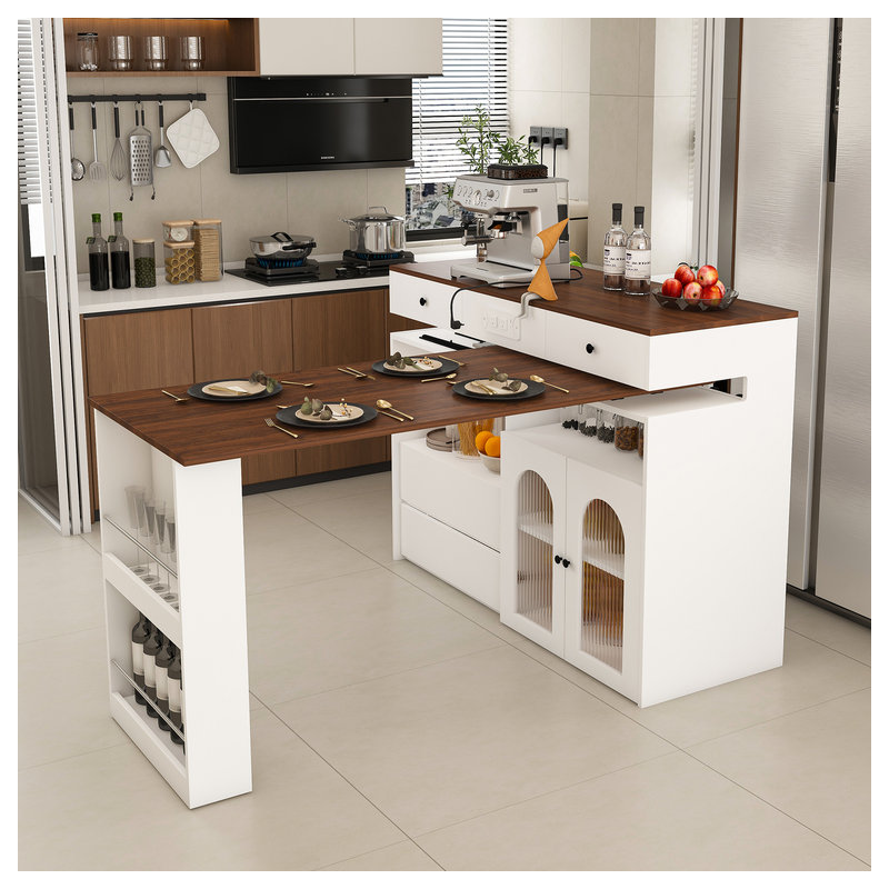 Kitchen Island with Extendable & Rotating Table, MDF with Walnut Veneer Retro Design, 4 Drawers & Glass Door Cabinets with Built-in Socket, Expandable Dining Station for 2-4 Person
