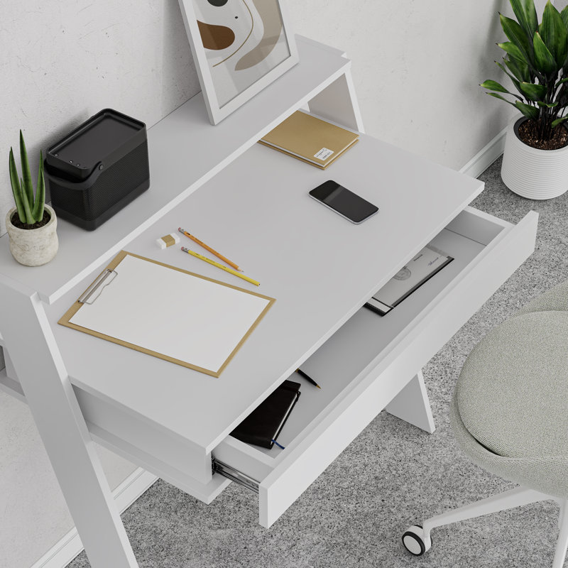 Modern Study Desk with Wall-Mount Feature, White, 37.0 x 35.8 x 19.7 inches | 100% Melamine Coated Particle Board, Thickness: 0.7 inches | 1 Drawer for Storage, Stylish & Functional Design for Home Office