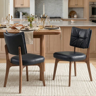 Modern Upholstered Dining Chairs Set of 2, Black Saddle Leather Upholstery, Solid Wood Legs, Upholstered Kitchen Chairs with Curved Padded Backrest