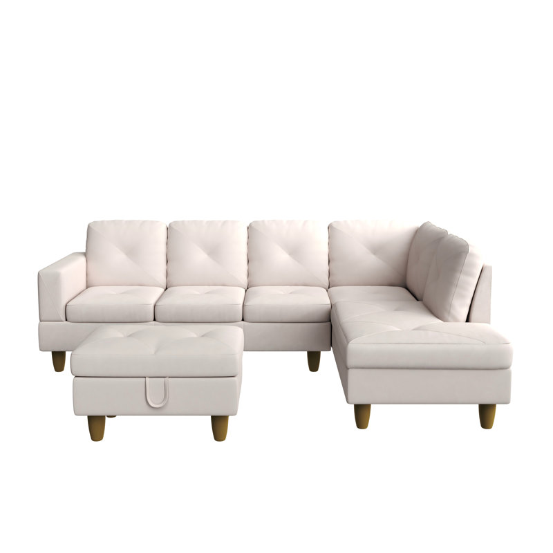 Canapé en L rembourré avec repose-pieds pour le salon, Tissu beige, Doré