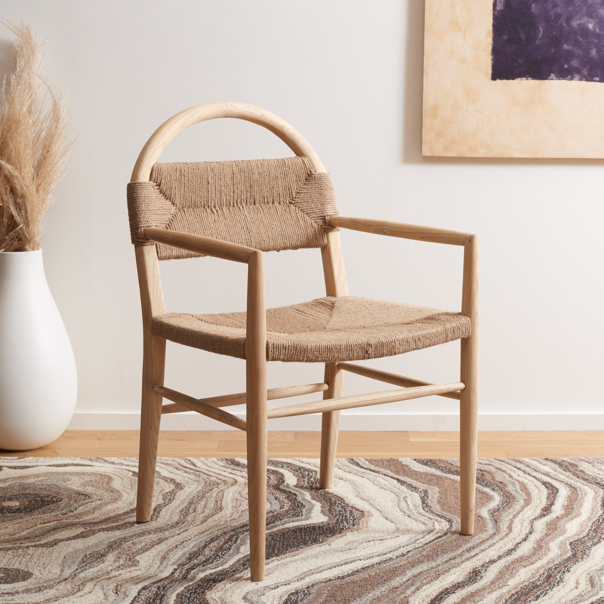 Kashmir Solid Wood Arm Chair, Beige, Natural