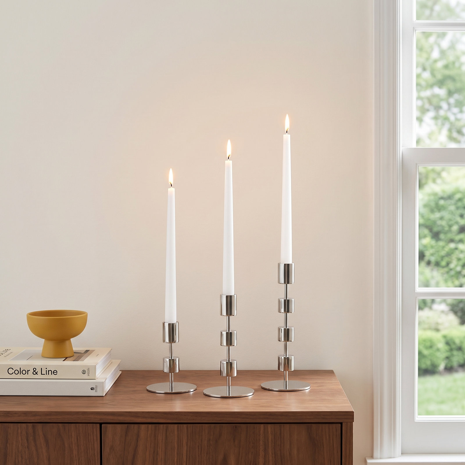 Brenner 3-Piece Aluminum Candlestick Set, Polished Silver