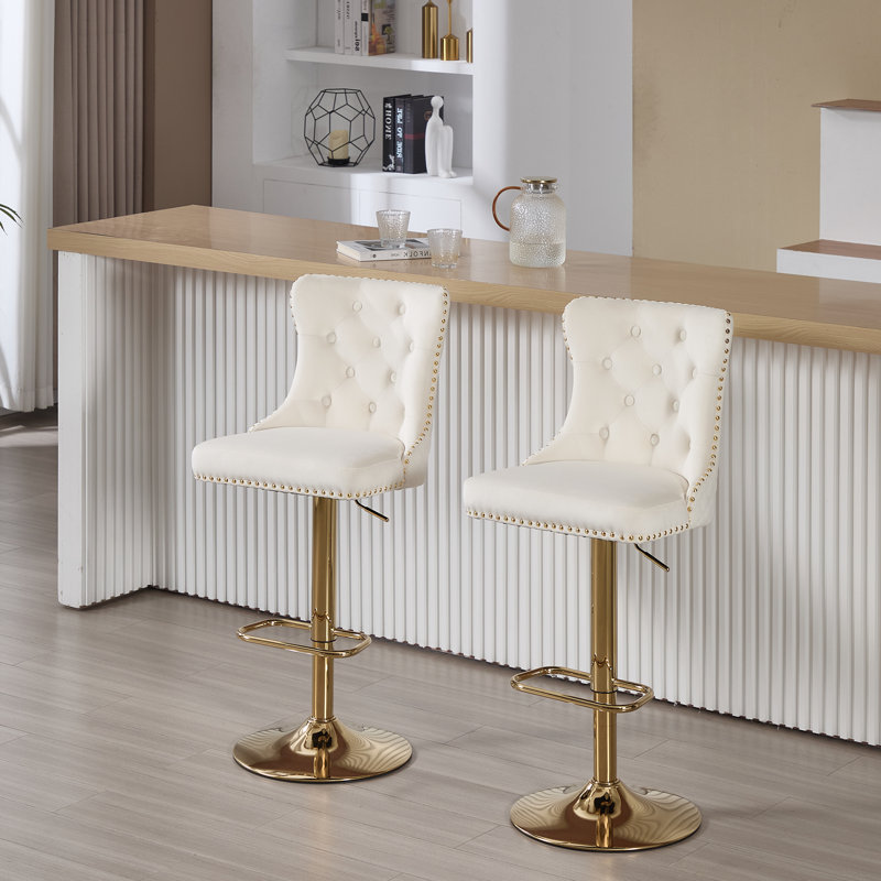 Tabouret de comptoir pivotant à hauteur réglable avec structure en métal, Doré, Crème