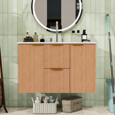 Wood Bathroom Vanity with Ceramic Top, Soft Close Doors and Divided Drawers