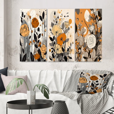 " Retro Terracotta Wildflowers Illustration IV " by Designart 3 - Pieces