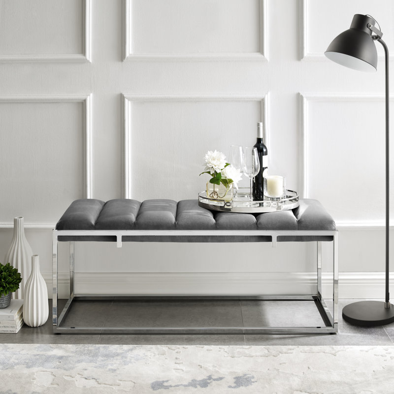Tyley Upholstered Bench, Gray/Chrome