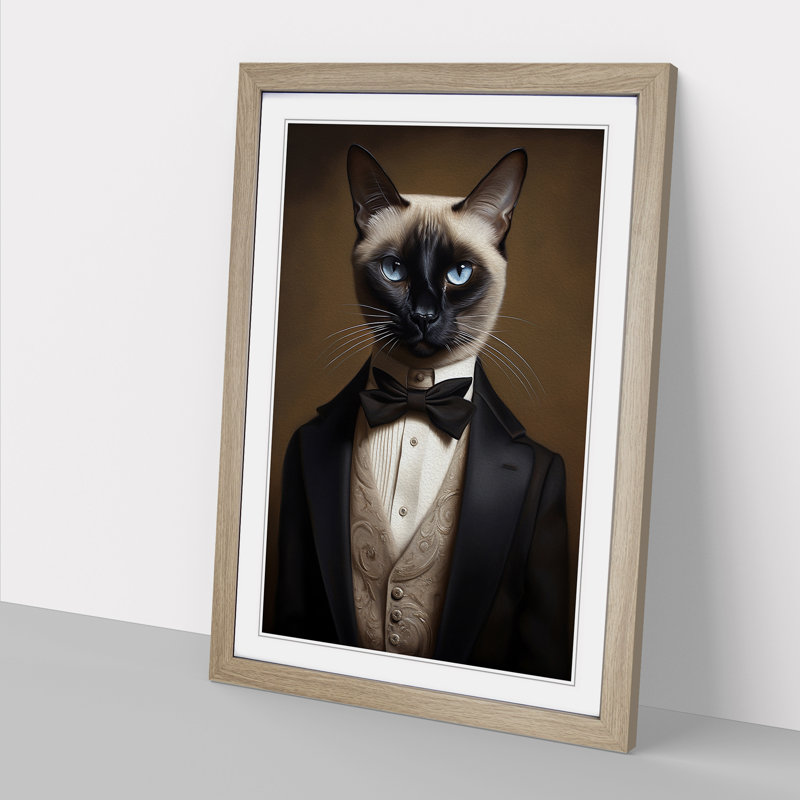 Siamese Cat in a Suit Painting - Framed Print, 64cm H x 46cm W x 2cm D, Oak Framed