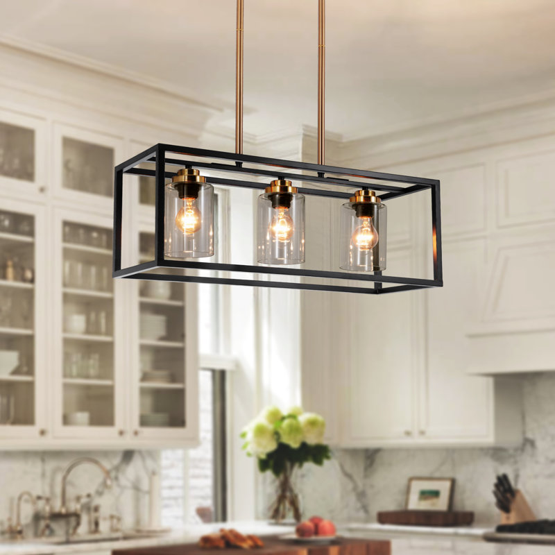 Lustre rectangulaire de salle à manger à 3 lumières pour la table: abat-jour en verre transparent, finition noire et laiton, idéal pour l'éclairage des îlots de cuisine