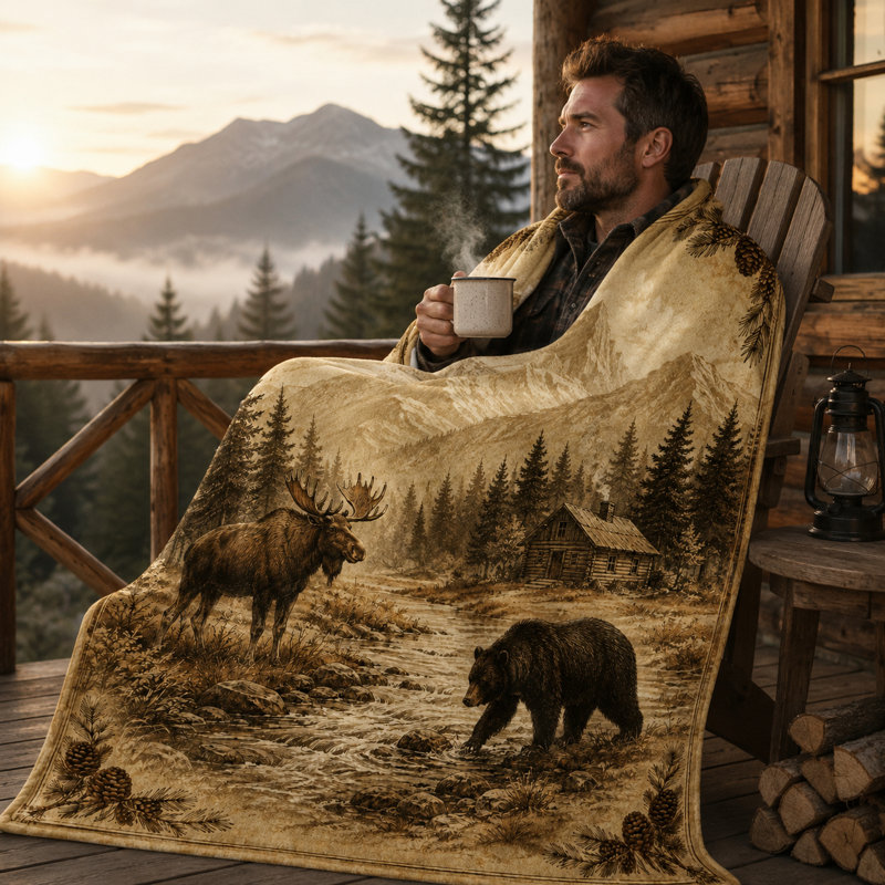 Plaid rustique en flanelle à motif d'orignaux et d'ours, avec bordure de chalet, ruisseau de montagne et pommes de pin, style sépia, idéal pour agrémenter canapé et lit, 127 x 152 cm