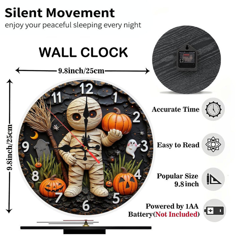 Momie tenant une horloge d'Halloween citrouille