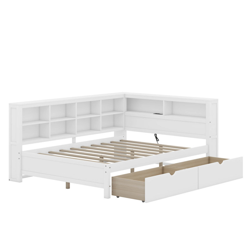 Wooden DayBed with 2 Drawers, Shelf and USB Charging Ports, Full/Double, White