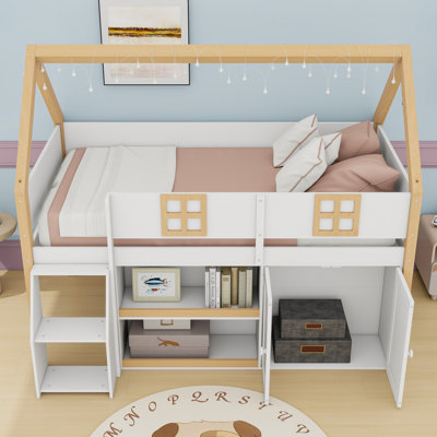 Loft Bed with LED Lighting and Storage Shelves