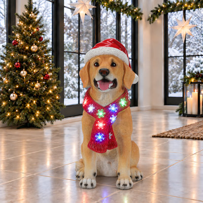 Statue de chien 19,69 "Golden Retriever avec lumières DEL et chapeau de père Noël, décoration de Noël en résine
