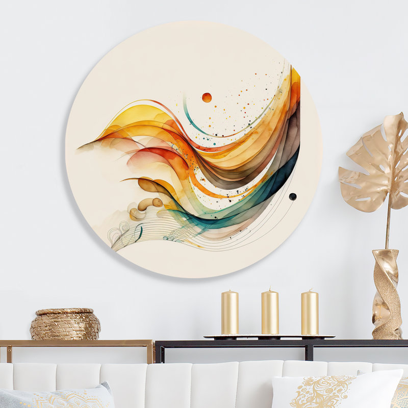 «Burnt Orange Waves Abstract II - Abstract Minimalisme», art mural rond sur métal, L 29 po x H 29 po
