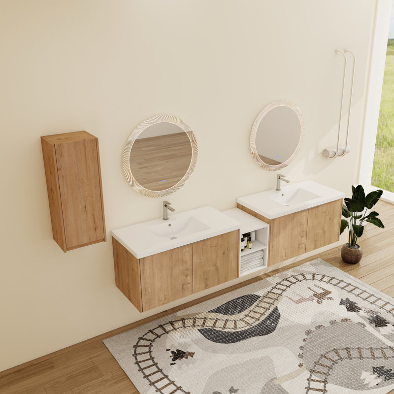 Meuble-lavabo mural double 84 po avec comptoir en résine et armoire d'appoint Eskar, 84"