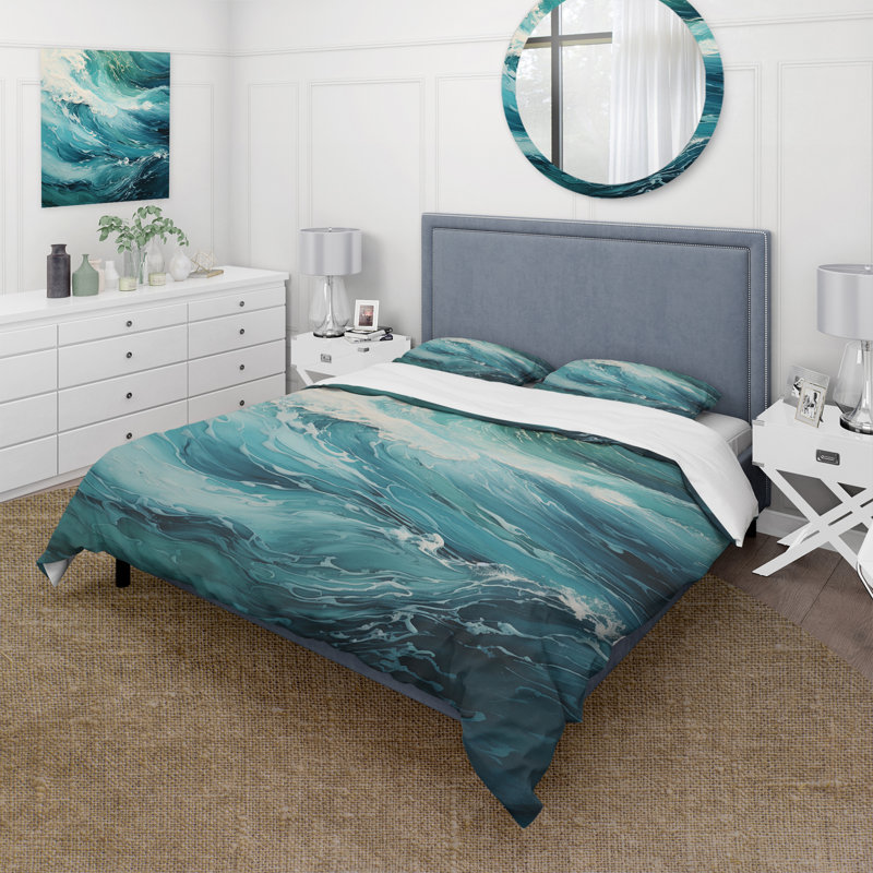 Ocean Teal Wave Expression - Ensemble de housse de couette Coastal - Microfibre de polyester