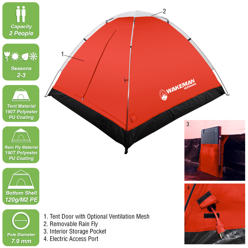Tente de camping pour 2 personnes Wakeman avec mouche et sac de transport - Tente extérieure résistante à l'eau, Rouge