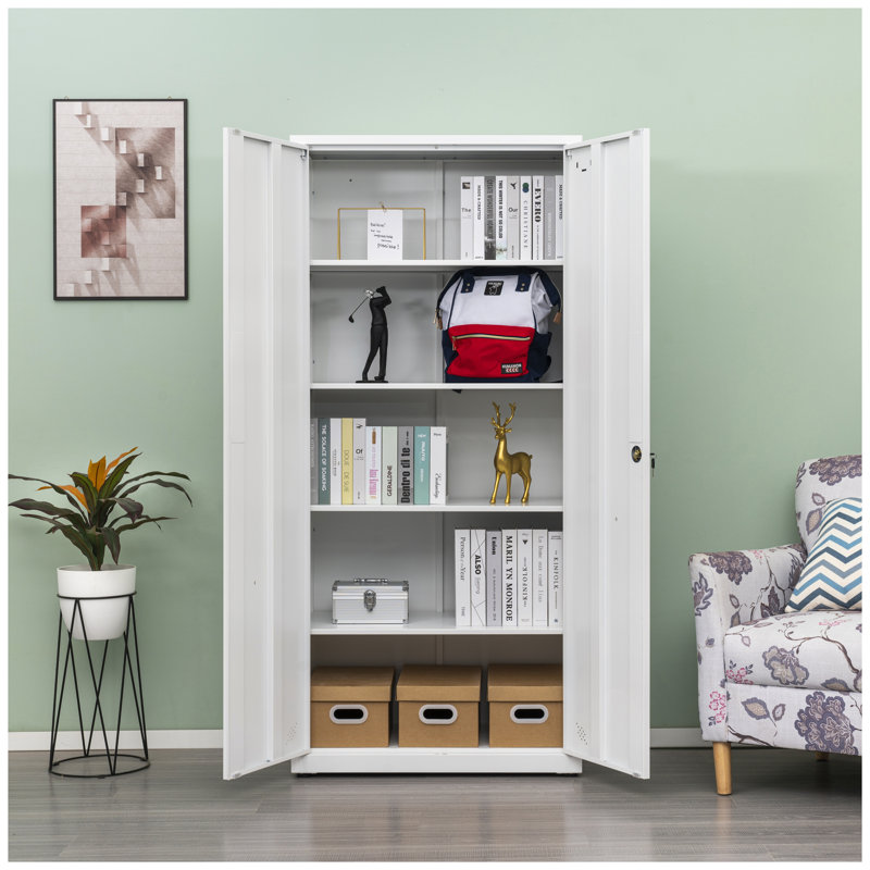 White Lockable Metal Tall Storage Cabinet with 5 Adjustable Shelf Spaces, Office File Cabinet, White