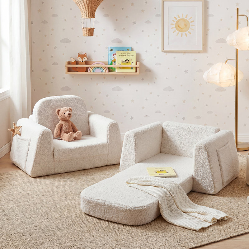 2 in 1 Kids Sofa with Sturdier Armrests, Kids Chair, Folding Toddler Couch & Recliner Seat, White