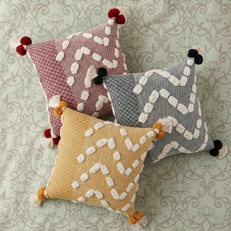 Contemporary Geometric Motif Tasseled Hand-Made 100% Cotton Decorative Throw Pillow Cover, Gray