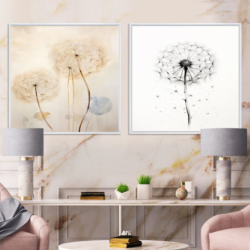 Dandelion Mute Tone - Pissenlit carré, ensemble de 2 collages, Cadre flottant blanc, H 36 po x l 73 po