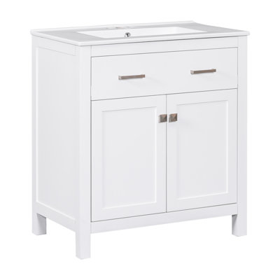 60" Modern White Bathroom Vanity With Double Ceramic Sinks & Adjustable Shelf Furniture, Functional Door Basin