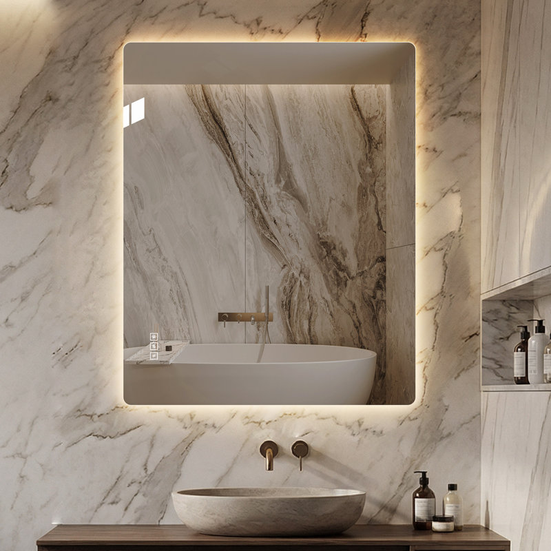 Miroir de salle de bain 36 * 30 "avec lumières à DEL avant et rétro-éclairé, miroirs de salle de bain anti-buée pour montage mural, 3 couleurs et 5 niveaux à intensité variable, horizontal / vertical