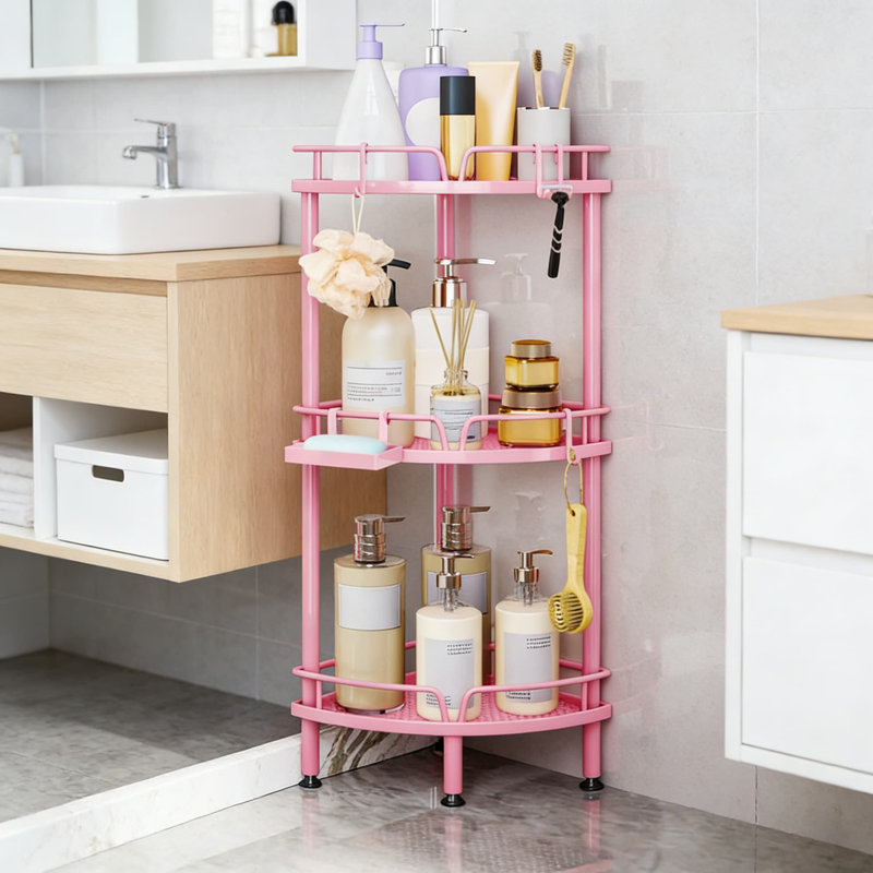 Premium 3-Tier Corner Shower Caddy Stand With Adjustable Feet, Soap Holder & 4 Hooks - Sturdy Floor Storage Organizer For Bathroom