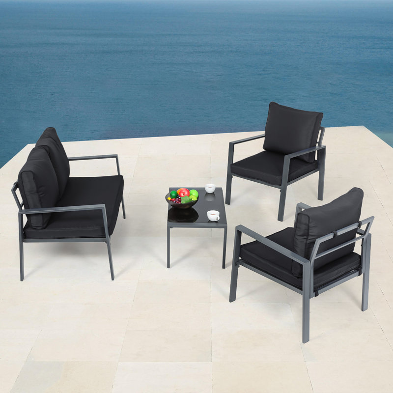 Steel Frame Patio Furniture Set with 2 Chairs 1 Loveseat & Tempered Glass Coffee Table - 4-Piece Outdoor Conversation Set with Teslin Cloth Cushions for Backyard Garden or Patio