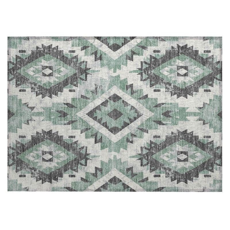 Machine Washable Indoor/Outdoor Xhevrie Seafoam Rug, Rectangle 1'8" x 2'6"