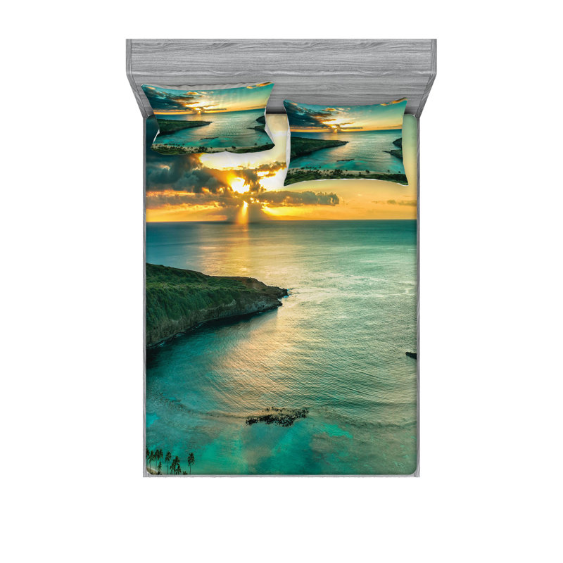 Drap-housse et coussin décoratif hawaïen Ambesonne Turquoise vert jaune, Ensemble de draps pour très grand lit californien