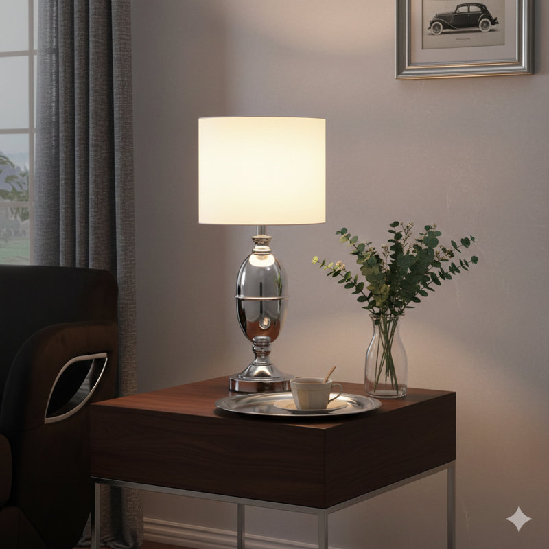 Lampe de table en métal de 28,5 pouces de hauteur avec une finition en nickel satiné, incorporant un élément de conception sphérique et un abat-jour en lin