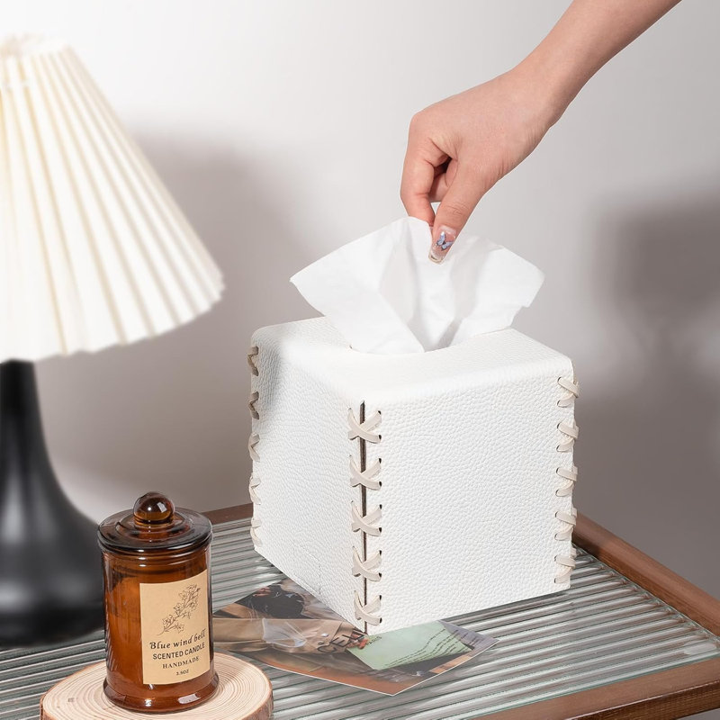 PU Leather Tissue Holder Square Decorative Home Decor Cube Boxes, White