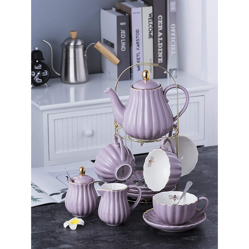 Service à thé en porcelaine, ensemble de tasse à café / tasse à thé, 17 pièces, 36 oz, Mauve