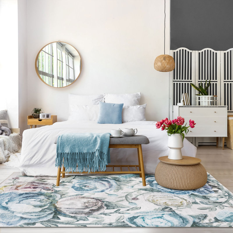 Blue Floral Synthetic Machine-Woven Washable Area Rug