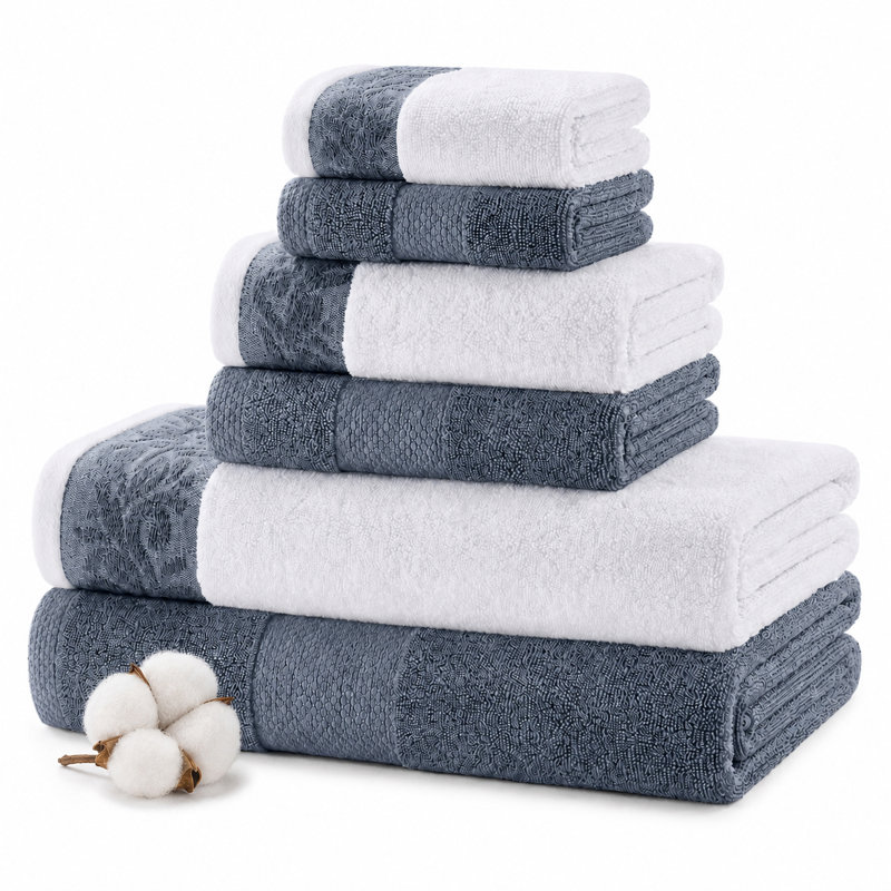 Modern Threads 600 GSM 6-Piece Towel Set with Filgree Jacquard Border, Blue Smoke
