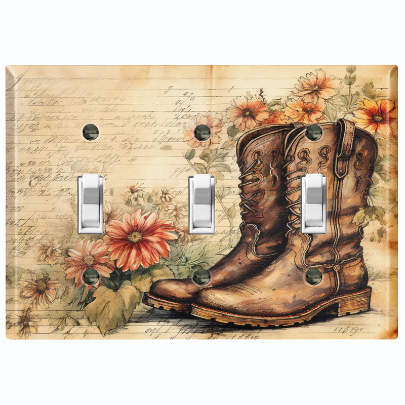 Couvercle de plaque d'interrupteur en métal; Bottes de cowboy occidentales rustiques florales taille US 3, Triple # 3