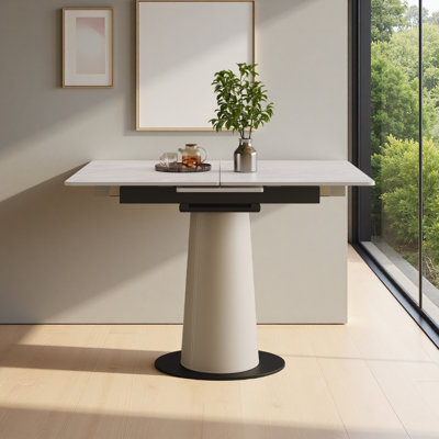 Retractable Rock Slab Folding Dining Table, Modern Square Expandable Table With Leather-Wrapped Stainless Steel Base