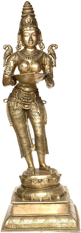 51" Large Handcrafted Brass Deepalakshmi Ritual Lamp – Pavai Diya Lady with Parrots & Single Wick​