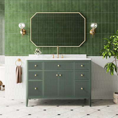 Ensemble de meuble-lavabo autoportant vert entièrement assemblé de 48 po avec construction en bois massif et plateau en marbre d'ingénierie