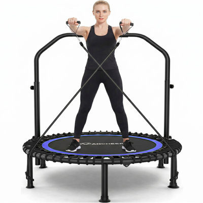 48" Foldable Mini Trampoline,Max Load 550Lbs Indoor Trampoline,With 4 Level Adjustable Foam Handle And Resistance Bands,Adult Exercise Trampoline For Home, Garden, And Gym