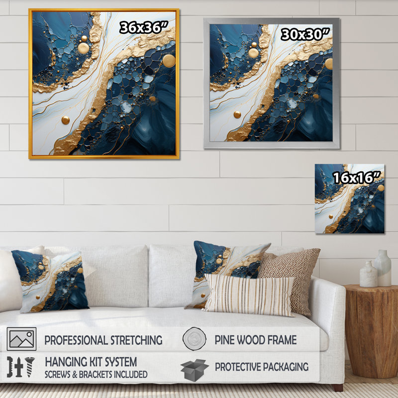 Art abstrait doré et bleu liquide IV - encre liquide abstraite, art mural, Cadre doré simple, H 36 po x l 36 po x P 1,5 po
