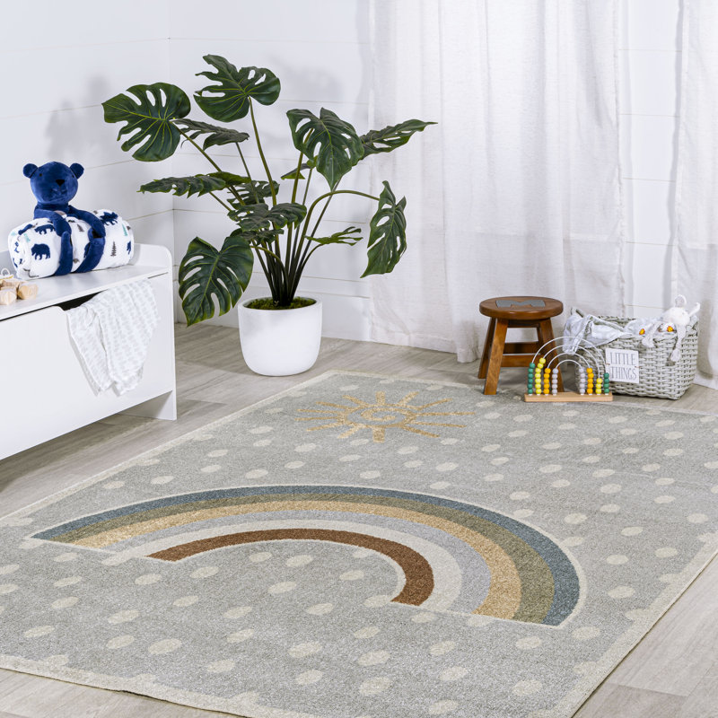 Bluette Rainbow Dot Modern Machine-Washable Gray/Ivory/Yellow Rug, Rectangle 3'3" x 4'11"