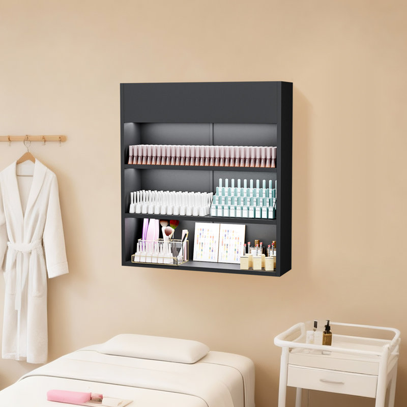 Vitrine de salon noire à 3 niveaux avec trois bandes lumineuses DEL blanches à contrôle tactile USB avec luminosité réglable
