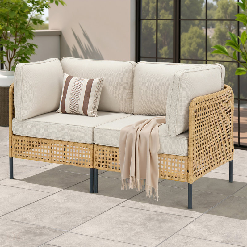 Ensemble de canapé modulaire d'extérieur en osier naturel avec coussins beige Boho