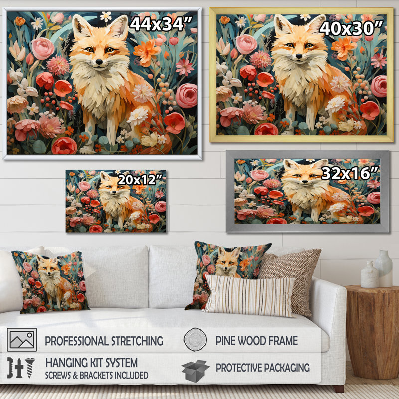 Art mural orange et rose renard dans le style III - renard, Toile tendue, H 34 po x l 44 po x P 1,5 po