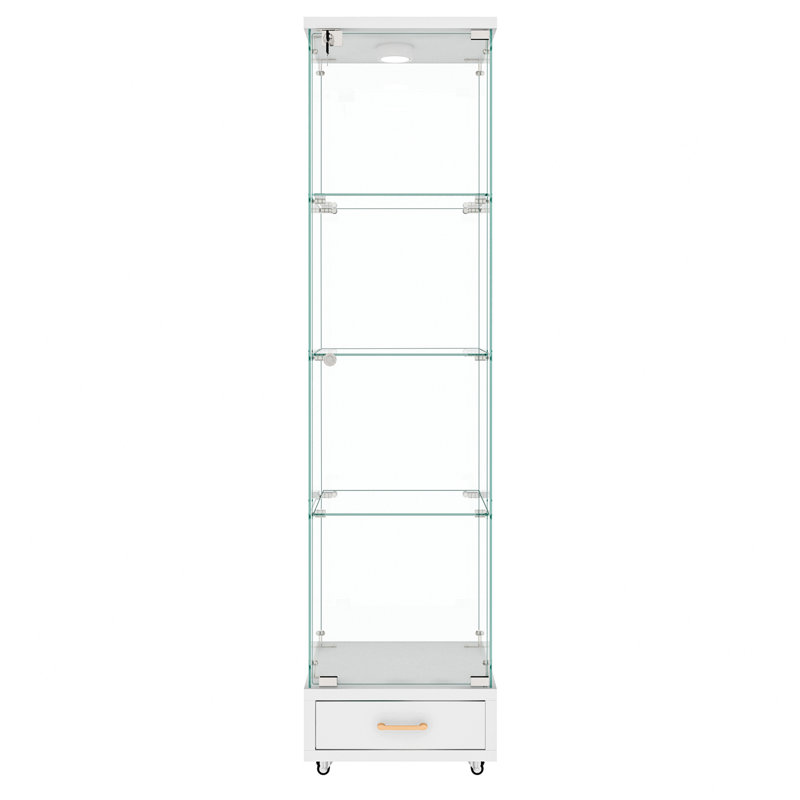 Vitrine moderne en verre avec un tiroir de rangement, armoire d'appoint avec lumières DEL, Blanc