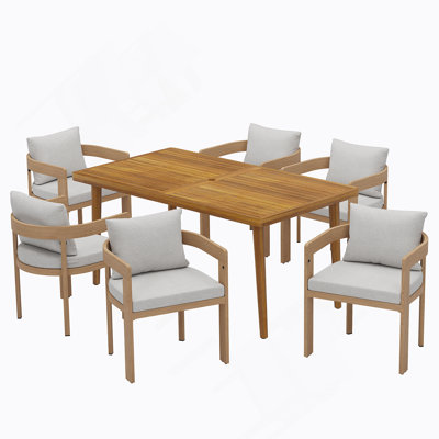 Ensemble de salle à manger d'extérieur pour patio 7 pièces (chaise de salle à manger en aluminium 6 pièces avec coussin beige et table de salle à manger en bois d'acacia de 1 pièce)